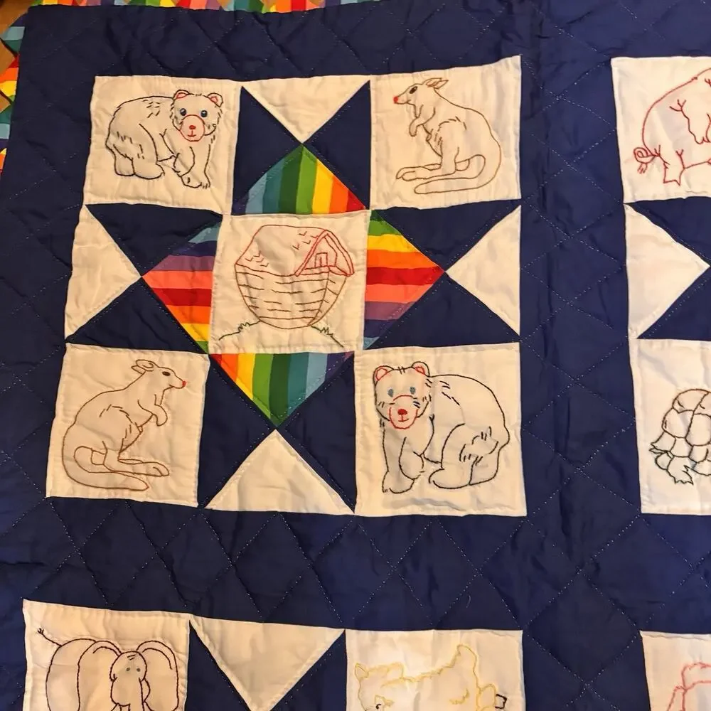 Handmade Noah’s Ark Animal Rainbow Embroidered Quilt Blanket 50x50 Vintage Style